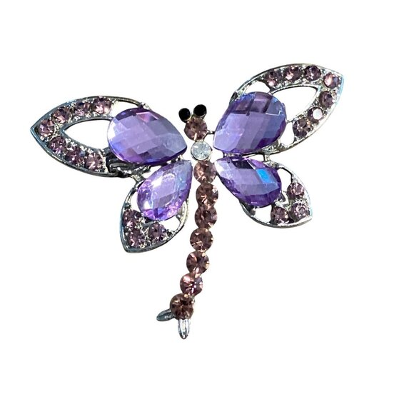 Purple Gemstone Dragonfly Brooch Pin  Silver-Tone Metal Elegant Jewelry Accessor - Picture 2 of 7